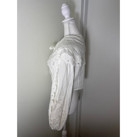 Farm Rio White Long Puff Sleeve Cropped Button Up Top Sz S - Picture 2 of 5